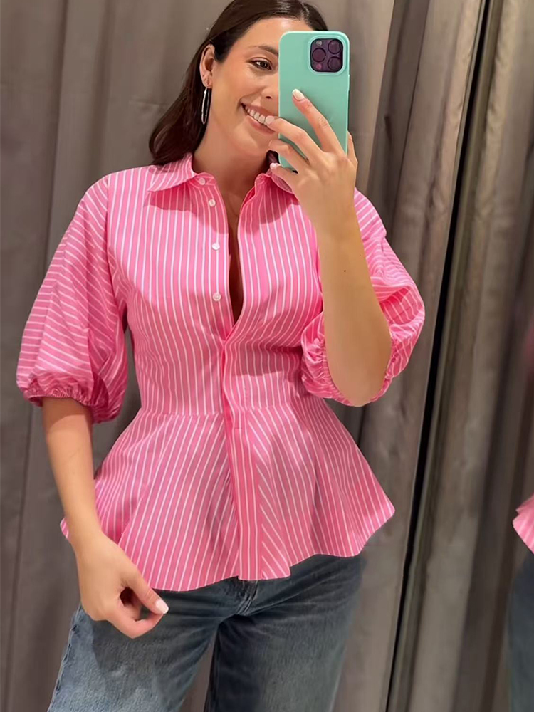Summer Youth Clothing - TFMLN Kemeja Bergaris Wanita Kemeja Cetak