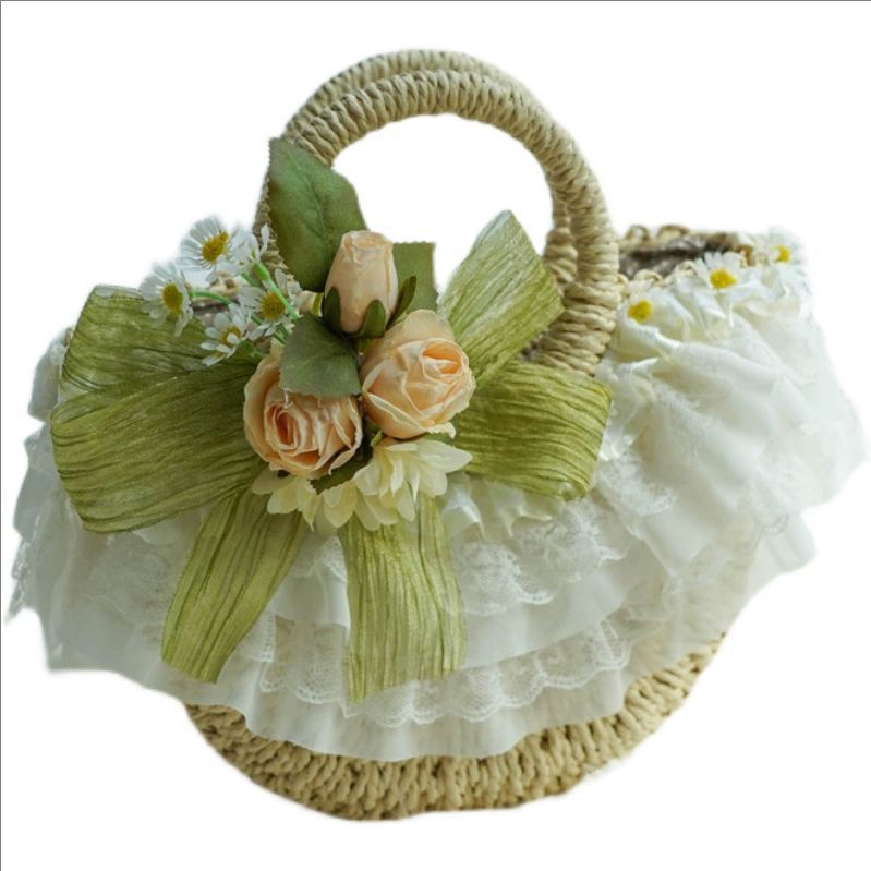 Beach Bag Straw - Tas anyaman jerami renda Lolita gaya