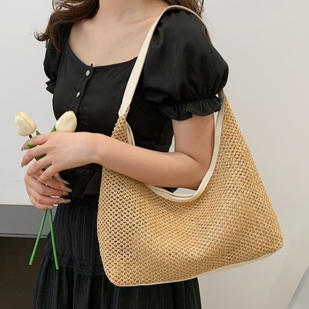 Beach Bag Straw - Tas Jerami Anyaman Warna Solid Lucu