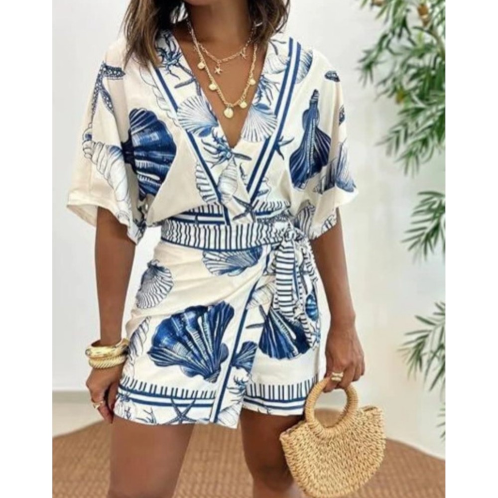Summer Zara - Jumpsuit Wanita Lengan Pendek Bermotif V-neck