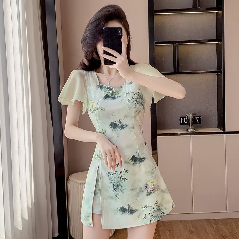 Summer Clothing Office - Gaun Temperamen Set Dua Potong Cheongsam