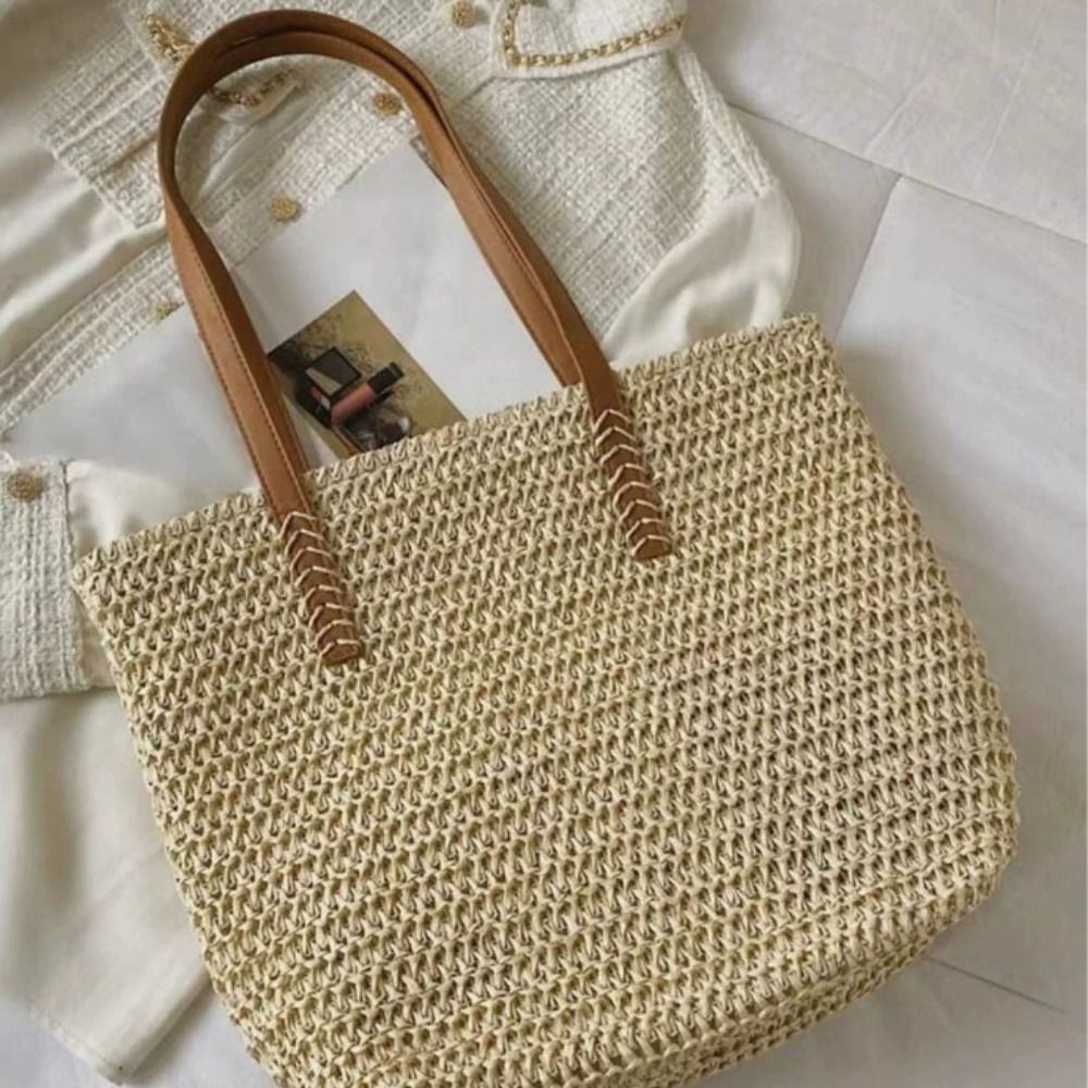 Beach Bag Straw - Tas Tote Anyaman Warna Solid yang