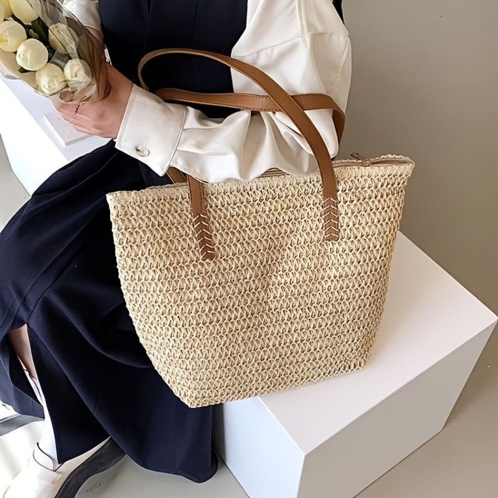 Tas Tote Anyaman Warna Solid M - Beach Bag Straw ulasan dan harga