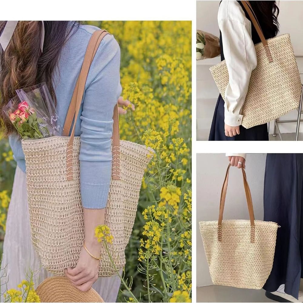 Tas Tote Anyaman Warna Solid M - Beach Bag Straw ulasan dan harga