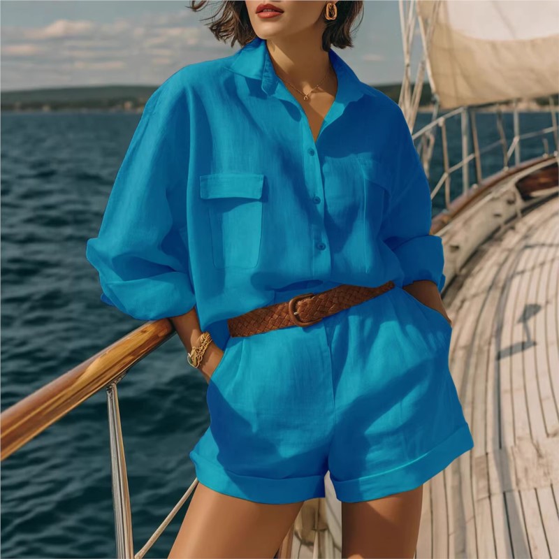 Setelan Dua Potong Biru Wanita - Summer Clothing Linen ulasan dan harga