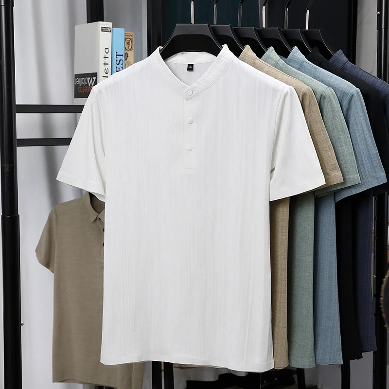 Kemeja Pria Kerah Mandarin Set - Summer Clothing Linen ulasan dan harga